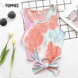 Fashion Tie Dye Tanks Tops Knot Bow Waist Sleeveless Vest Summer Woman Ribbed Knitted 210421