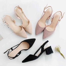 Square High Heels Women Shoes Flock Ankle Straps Slingbacks Sandals Casual Black Nude Wedding Sexy Pointed Toe Woman Pumps 210520