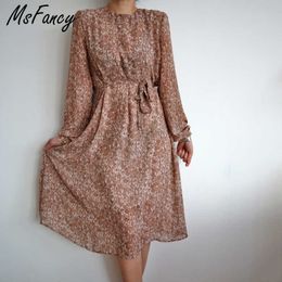 Msfancy Leopard Print Chiffon Dress Women Long Sleeve Plus Size Vestido De Mujer O-neck Lace Up Elegant Robes 210604