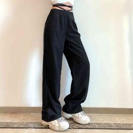 Bandage Y2k Straight Suit Pants High Waist Fashion Women Vintage Striped Trousers For Female Summer Streetwear Loose Capris 210415