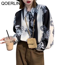 2XL Spring Autumn Retro Loose Mid Length Long Sleeve Button Up Shirt Top Women Plus Size Chiffon Streetwear 210601