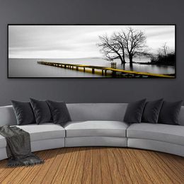 Calm Lake Surface Long Bridge Tree Scene Black and White Canvas Paintings Poster Print Wall Art Pictures Living Room Home Decor 210705