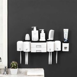 Wall-mounted Toothbrush Holder Case Automatic Toothpaste Dispenser Squeezer Home Storage Shelf Bathroom Accessories Sets 210423