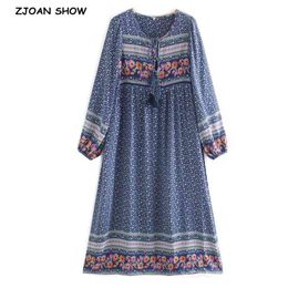 Bohemia Lacing up V neck Blue flower Print Long Dress Ethnic Woman Tassel Strappy Sleeve Holiday Dresses Beach 210429