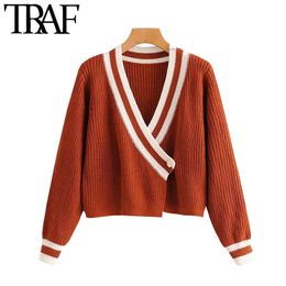 TRAF Women Fashion Single Button Patchwork Cropped Knitted Cardigan Sweater Vintage Long Sleeve Wrap Female Outerwear Chic Tops 210415