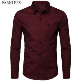 Brand Wine Red Men Dress Shirts Fashion Cotton Men Long Sleeve Business Work Shirt Men Casual Slim Fit Mens Chemise Hombre 210524