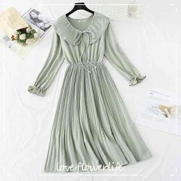 Elegant Solid Colour Women Dress Spring Female Casual Flare Sleeve Office Chiffon Dresses Sweet Doll Collar Pleated Dress 210521