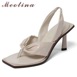 Meotina Shoes Women Flip Flop Sandals Pleated Super High Heel Sandals Thick Heel Shoes Square Toe Ladies Footwear Summer Beige 210608