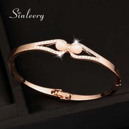 Sinleery Charm Rose Gold Silver Color Opal Bow Bowknot Bangle Bracelet Cuff for Women Party Jewelry Birthday Gifts Sl050 Sso Q0719