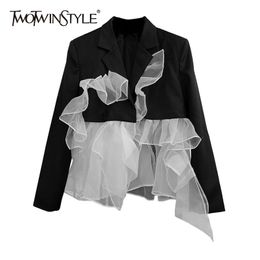 Hit Colour Patchwork Ruffle Blazer For Women Notched Long Sleeve Casual Korean Blazers Female Fashion Clothing 210524