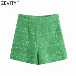 Women Fashion Green Color Tweed Woolen Bermuda Shorts Skirts Lady Side Zipper Chic Casual Slim Pantalone Cortos P1024 210416