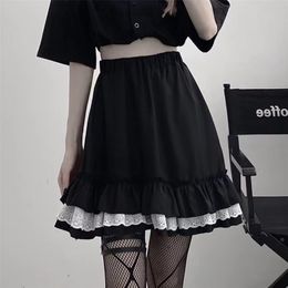 HOUZHOU Mall Goth Gothic Lace Ruffle Mini Skirts Womens Harajuku Fairy Grunge Black Pleated Skirt Japanese Kawaii Streetwear 220221