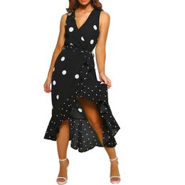 Vintage Black Printed Polka Dot Dresses Sleeveless Wrap with Sashes V Neck Female Robes Women Fashion Elegant Ruffles Tunic 210416