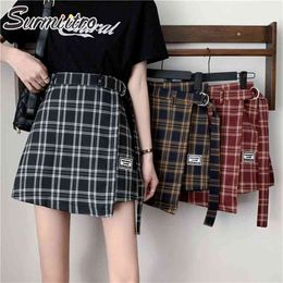 Spring Summer Plus Size S-5XL Korean Style Women Black Plaid High Waist Mini Sun School Skirt Female With Belt 210421