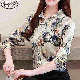 Rose Floral Print Blouse Silk Shirts Blouses Fashion Autumn Long Sleeve Shirt Women Tops Plus Size S-4XL Blusas 10725 210417