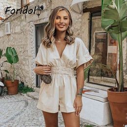 Foridol Wide Leg Summer Women Rompers V Neck Casual Streetwear Pockets Overalls High Waist Playsuits New 210415