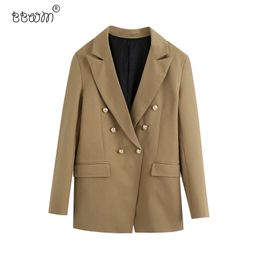 Women Fashion Double Breasted Suit Jacket Vintage Long Sleeve Back Vents Coat Female Chic Outerwear 210520