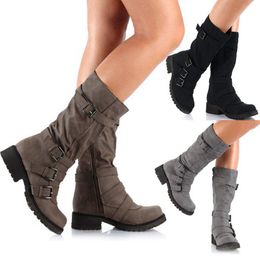 fashion mid calf boots for women with belt buckle women's boot autumn Winter Roman Motorcycle Long botas mujer
