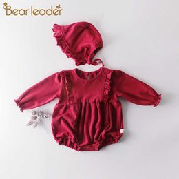 Bear Leader Baby Girls Ruffles Rompers Fashion Infants Solid Red Long Sleeve Clothing Toddler Casual Sweet Jumpsuits 6M-24M 210708