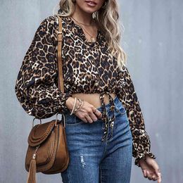 sexy leopard print blouse shirt women crop top blouse spring autumn long sleeve office tops lace up front 210415