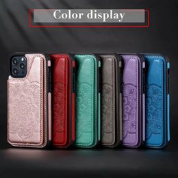 Shockproof Phone Cases for iPhone 13 12 11 Pro X XR XS Max 7 8 Plus Mandala Embossing PU Leather Dual Buckle Kickstand Protective Case with Card Slots