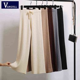 Vangull Spring Autumn Knitted Wide Leg Pants Women Korean Solid Pit Ankle-length Pants Elastic Waist Lace Up Pants Sweatpants Y211115