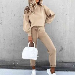 Fashion high-neck casual suit women's long-sleeved pocket trousers two-piece spring and autumn sweater women sale 210520