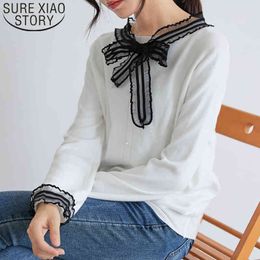 Autumn Korean Knitted Sweater Casual Tops Long Sleeve O-neck Bow Button Lace Elegant Women Clothing 6083 50 210415
