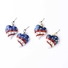 Lady's Simple Heart-shaped Pendant American Flag Shiny Pave Crystal Enamel Golden Drop Earring Fine Jewellery Q0709