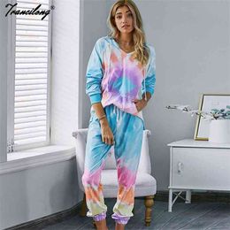 Conjunto Mujer Tie Dye Two Pieces Pants Set Lounge Wear Women Hoodies Tracksuits Suit Autumn Sweatpants Fashion Clothing 210727