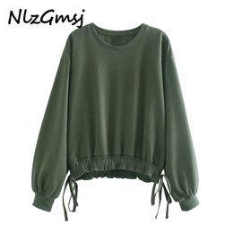 Sweatshirt Women Fashion O Neck Patchwork Sweatshirts Femme Basic Hem Elastic Lace Up Hoodies Chic Pullover Tops 210628