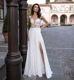 Sexy Beach Boho Wedding Dress 2021 with High Slit Cap Sleeve See-through Applique Chiffon Bride Gowns Vestido De Noiva