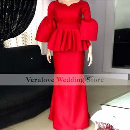Robe De Soirée De Mariage Red Evening Dress Long Sleeves Saudi Arabic Long Prom Party Dress Vestido De Novia