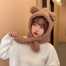 Berets Cute Bear Ears Hooded Scarfs Women Thicken Wool Female Winter Lamb Set Scarf Beanies Hat Solid Colour Ear Caps