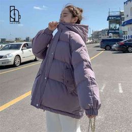 Luck A Women Fashion Colours Winter Hooded Puffer Jacket Female Loose Long Sleeve Coat Solid Harajuku Warm Oversize Parkas 210910