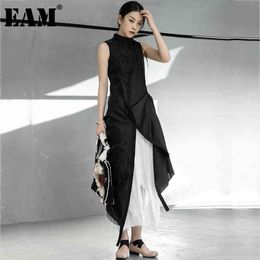 [EAM] Women Black Mesh Irregular Slit Pleated Slim Dress Lapel Sleeveless Loose Fit Fashion Spring Summer 1DD7728 21512