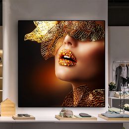 Nordic Modern Gold Lips Fashion Sexy Women Painting Canvas Pop Art Posters and Prints Scandinavian Wall Picture for Living Room