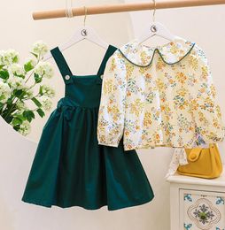 Spring Autumn Kids Girls 2-pcs Sets Collar Floral Shirts + Green Sling Overalls Dress Children Outfits