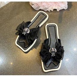 Slippers Stylish Square Toe Flat Organza Bowtie-knot Embellished Summer Outdoor Dress Mules Beach Shoes Women