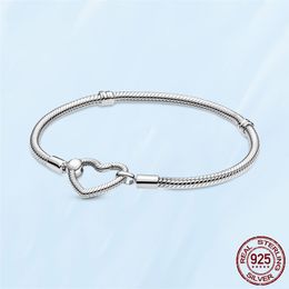 New Fashion 925 Silver Bracelets Moments Heart Closure Snake Chain Bracelet For Women Fit Original Pandora Charms Beads Jewellery DIY Making