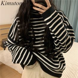 Kimutomo Striped Sweater Women Autumn Winter Fashion Female Vintage Turtleneck Wild Knitted Thick Tops Outwear Warm 210521