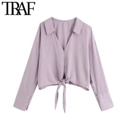 TRAF Women Fashion With Bow Tied Cropped Blouses Vintage Long Sleeve Button-up Female Shirts Blusas Chic Tops 210415
