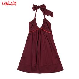 Women Red Halter Dress Bow Strap Adjust Sleeveless Korean Fashion Lady Short Dresses Vestido 4H44 210416