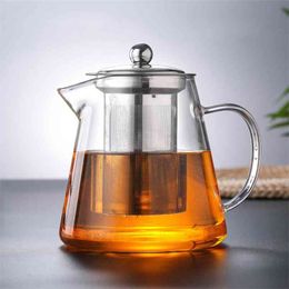 Borosilicate Clear Glass Teapot High Temperature Resistant Flower Coffee Stainless Steel Infuser Philtre kettle 210813