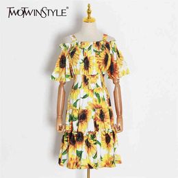 Print Hit Color Women's Dress Square Collar Off Shoulder Half Sleeve High Waist Mini Dresses Female Clothing 210520