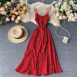 Women Boho Style Dot Print Long Dress Vestidos Mujer Fashion Retro Woman Slim Spaghetti Strap Backless Red Dresses 210525