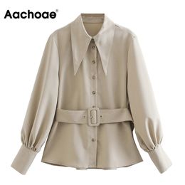 Aachoae Women Office Wear Chic Blouse With Belt Lantern Long Sleeve Elegant Tops Solid Colour Turn Down Collar Shirt Blouses 210413