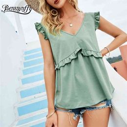 Double V-neck Solid Frill Trim Women Tops Blouses Summer Korean style Sleeveless Ladies Sweet Casual Blusas 210510