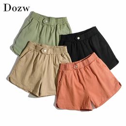 Summer Casual Solid Shorts Women Elastic Waist Basic Cotton Short Button Pocket Korean Shorts Lady Spodenki Damskie 210414