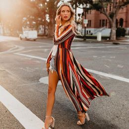 Elegant Red Striped Full Sleeve Long Kimono Plus Size Summer Streetwear Clothing For Women Tops And Blouses Boho Shirt A839 Women's & Shirts